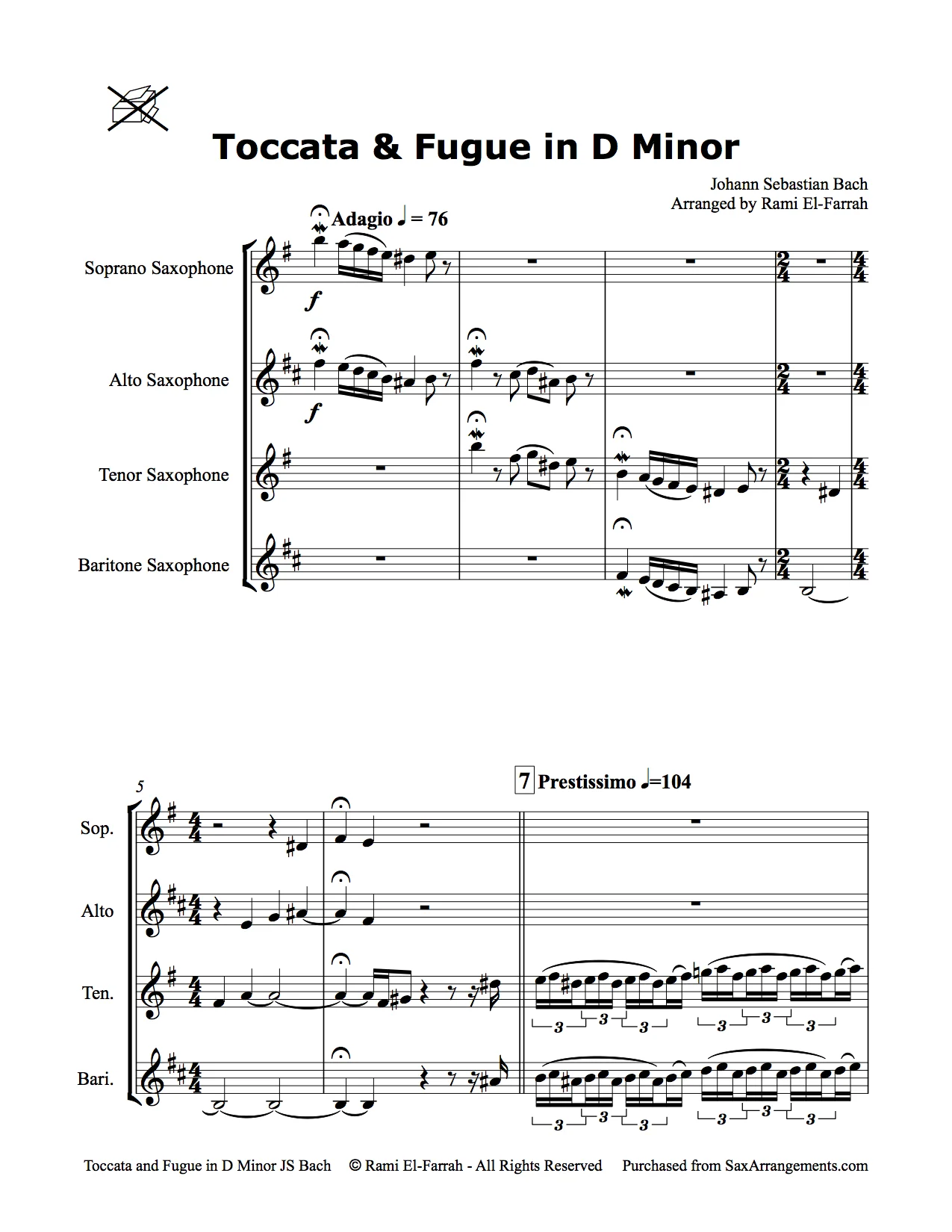 Bach, JS: Toccata and Fugue in D Minor for Sax Quartet (SATB) — Dr